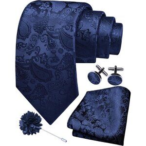 Men's Navy Blue Paisley Tie And Lapel Pin Necktie Hankerchief Cufflinks Set